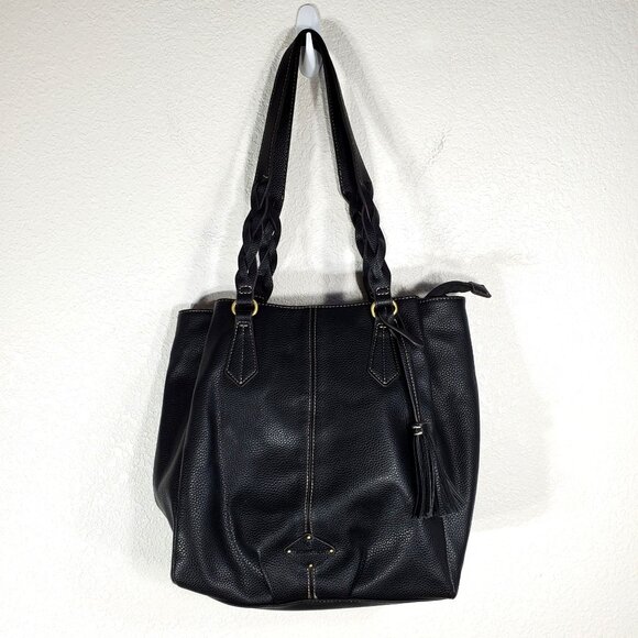 St. Johns Bay Black Faux Leather Tote Bag With Braided Handles & Tassel Accent - Picture 7 of 13